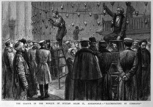 Giaour w Meczecie Sułtana Selima II, Adrianopol: "Oświetlenie na rozkaz", z "The Graphic", marzec 1878 r. autorstwa English School